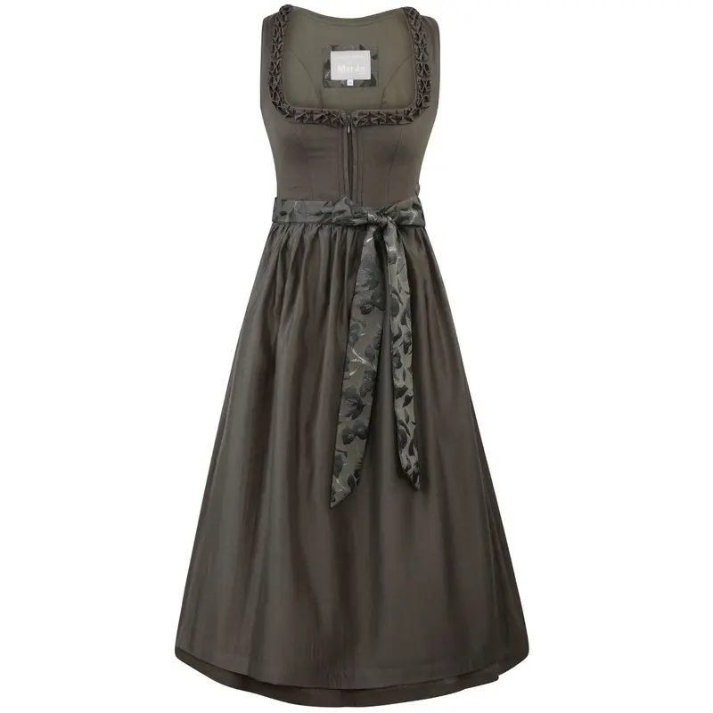 Damen Dirndl Olivgrün | Midi Trachtenkleid mit Froschmaulrüschen-Borte, Reißverschluss und 70 cm Rocklänge