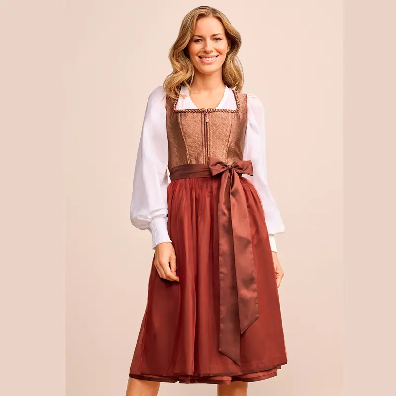 Damen Dirndl Rostbraun Bronze | Midi Trachtenkleid mit Ornamentmieder, Balkonett-Ausschnitt und 70 cm Rocklänge