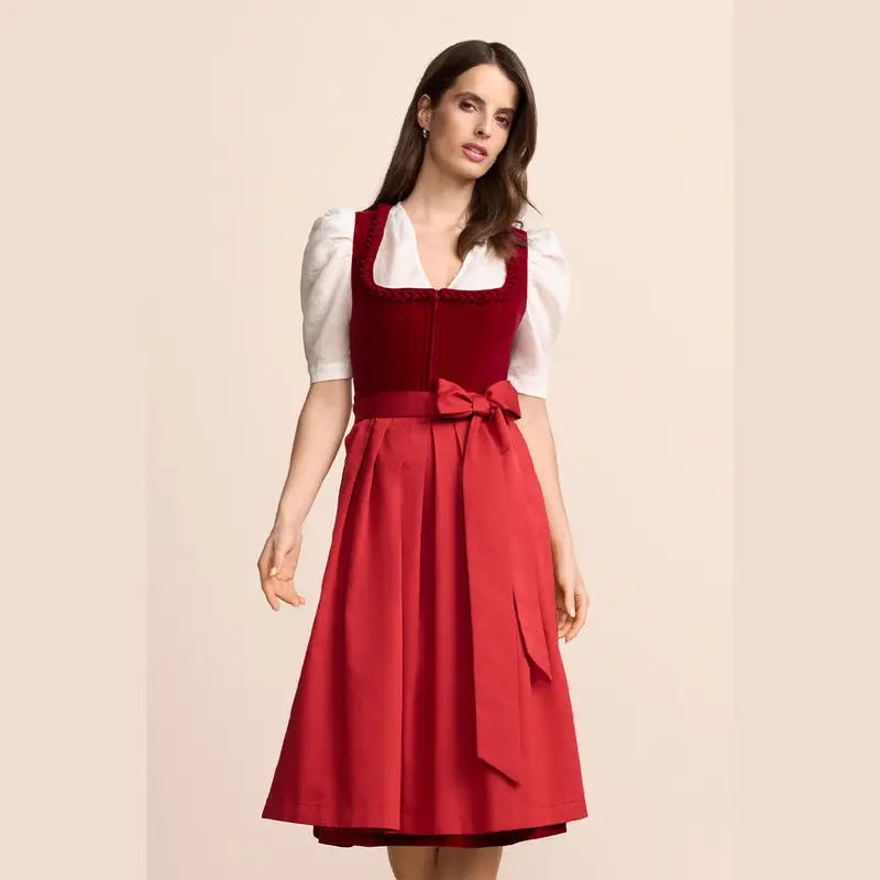 Damen Dirndl Rot | Midi Samtdirndl mit Froschgoscherl-Borte, Frontreißverschluss und 70 cm Rocklänge