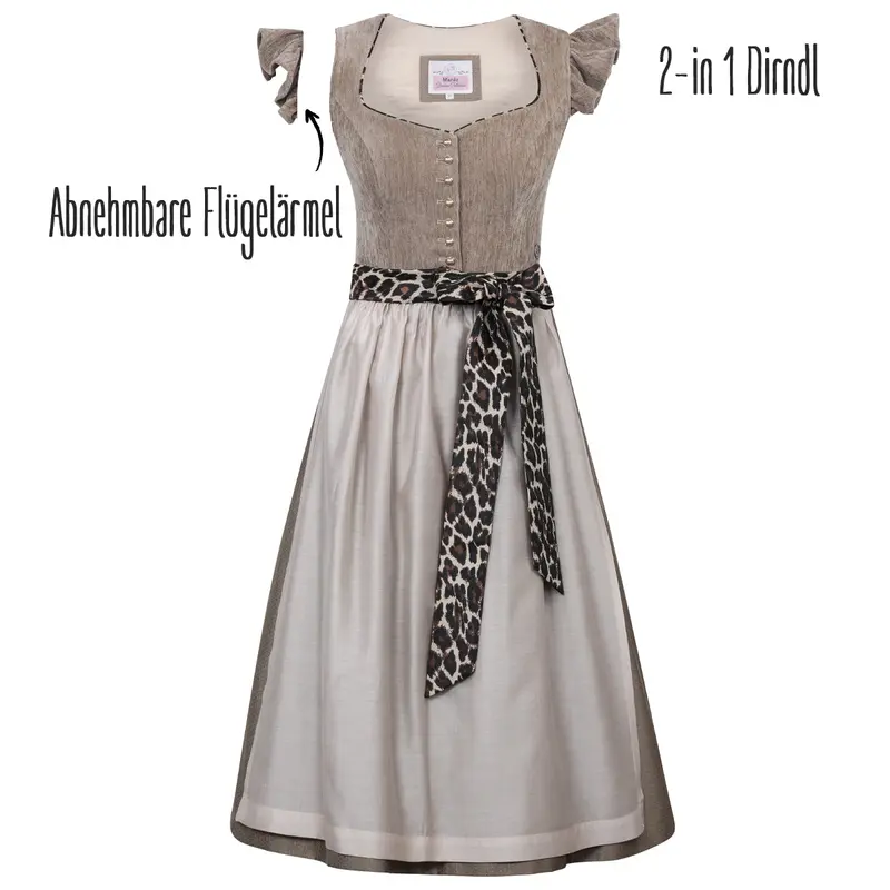 Damen Dirndl Sandbraun | Midi Samtdirndl mit abnehmbaren Flügelärmeln, Leo-Schleife und 70 cm Rocklänge