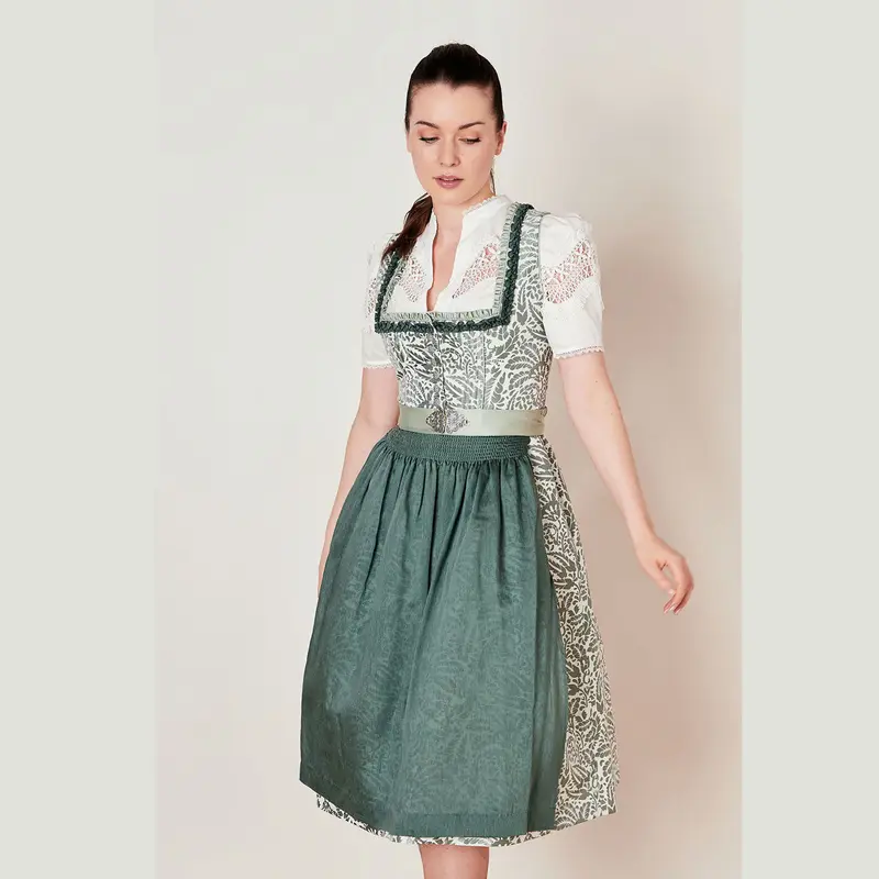 Damen Dirndl Schilfgrün | Midi Trachtenkleid mit Froschgoscherl-Borte, Floralmuster und 70 cm Rocklänge