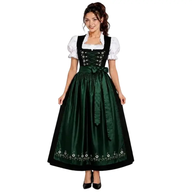 Damen Dirndl Schwarz Grün | 3-teiliges Trachtenkleid Set mit weißer Bluse, Stickerei und Satin-Schürze