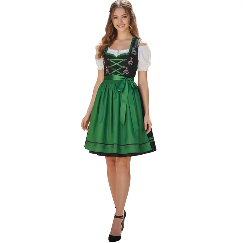 Damen Dirndl Schwarz Grün | Trachtenkleid Set mit weißer Bluse, Schnürmieder, Stickerei und Schürze