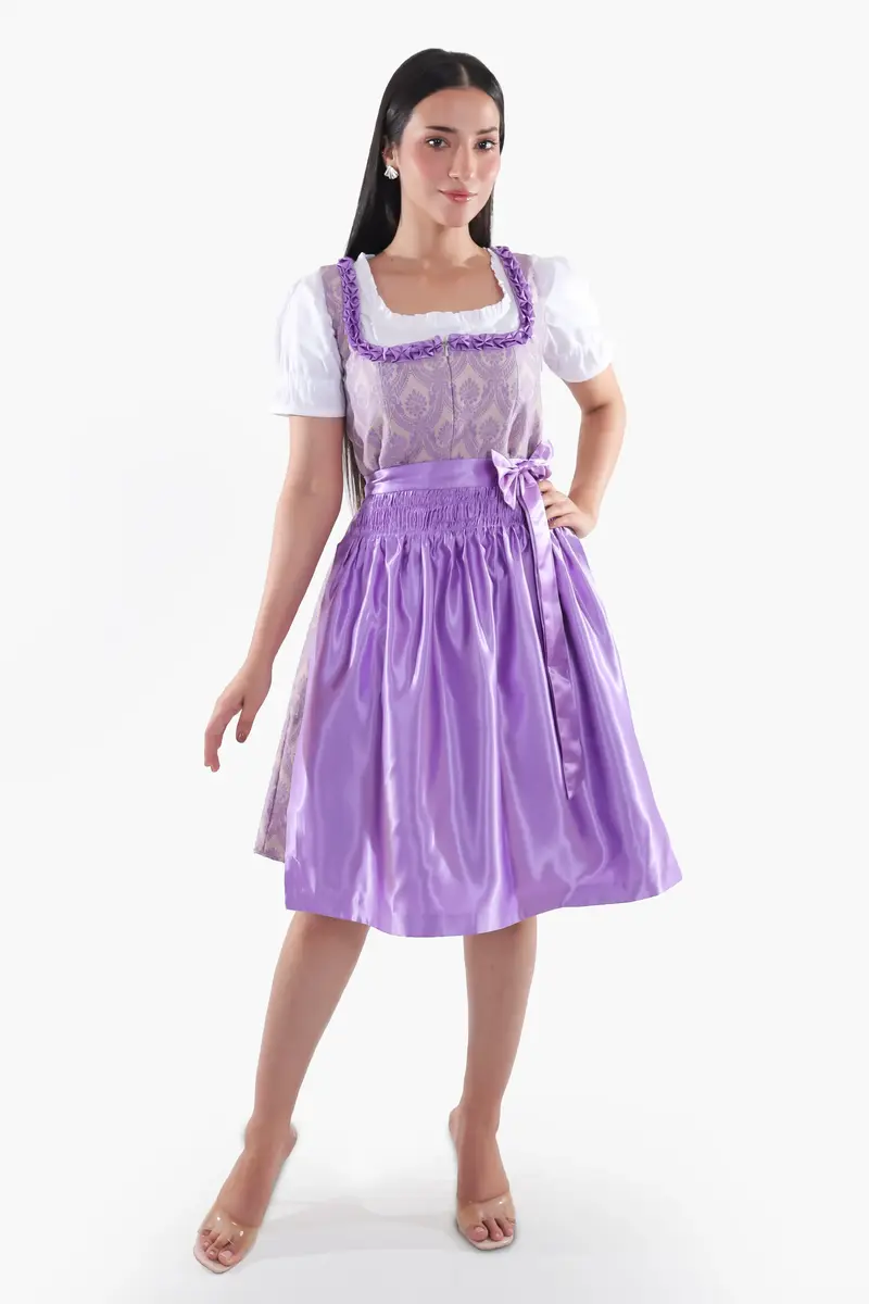 Damen Dirndl | Traditionelles Midi Trachtenkleid mit Stickerei und Schürze für Oktoberfest