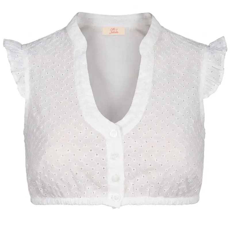 Damen Dirndlbluse Weiß | Baumwollbluse mit Lochspitze, Flügelärmeln und femininem Ausschnitt