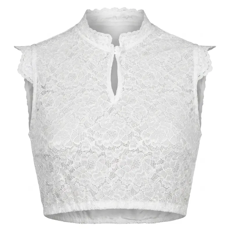 Damen Dirndlbluse Weiß | Spitzenbluse mit Blumenmuster, Stehkragen und Flügelärmeln