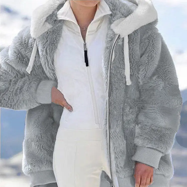 Damen Fleecejacke mit Kapuze | Warme Jacke mit doppelseitigem Teddyfutter, Oversize-Passform und Reißverschluss