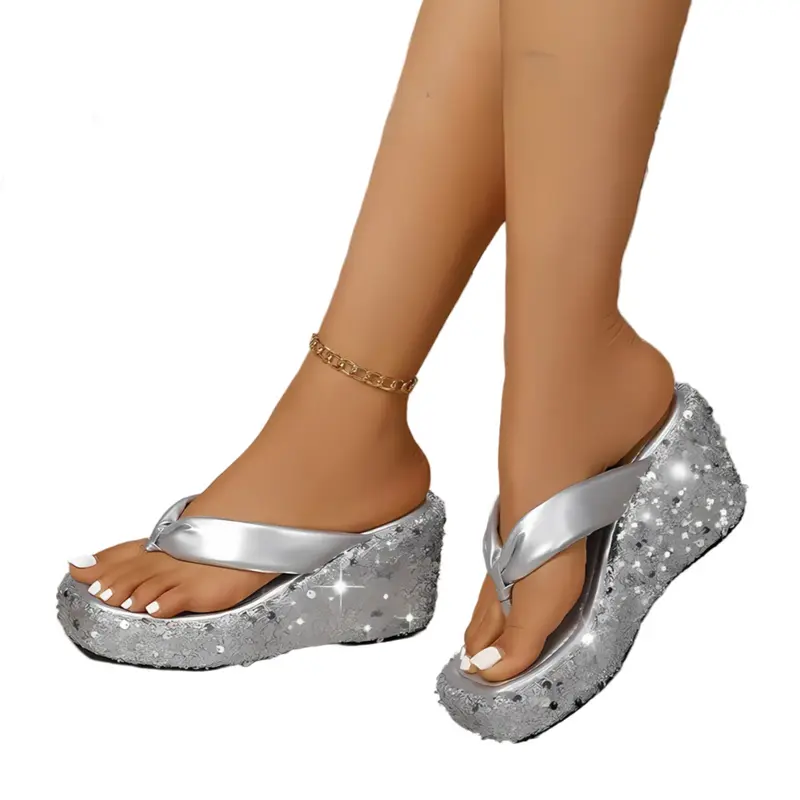 Damen Flip-Flops mit dicker Sohle | Glitzernde Zehentrenner mit Pailletten | Bequeme Sommer-Sandalen