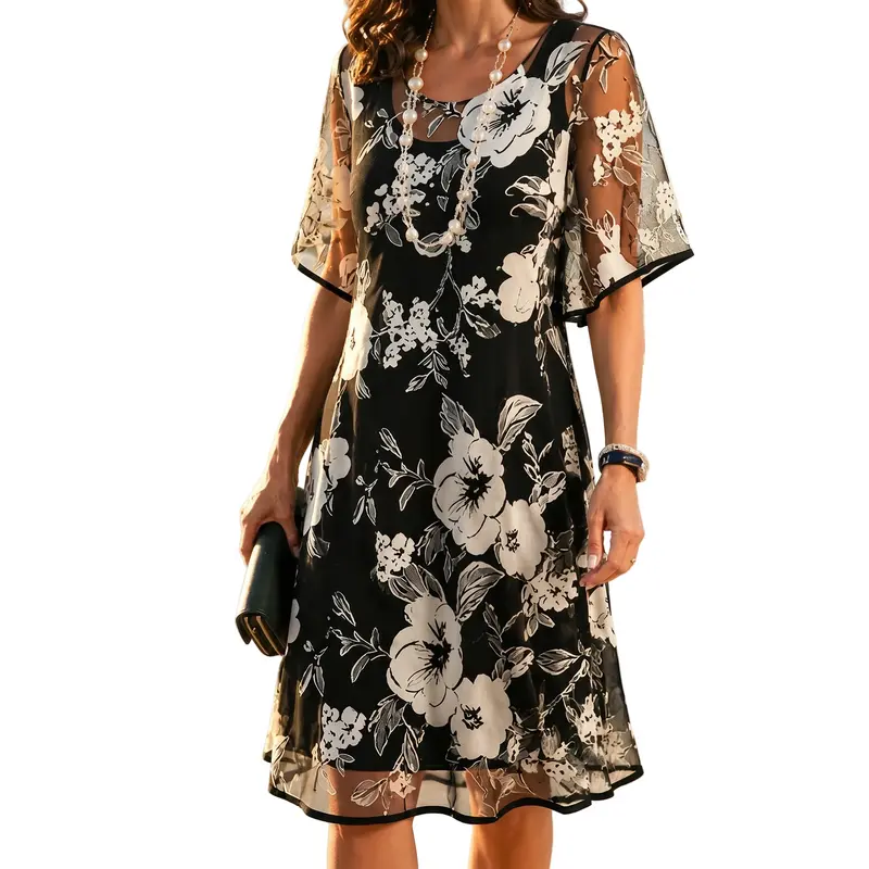 Damen Floral Chiffon-Kleid mit Mesh-Überwurf | Luftige A-Linie & flatternde Ärmel | Knitterarm, Sommer-Event & Urlaub