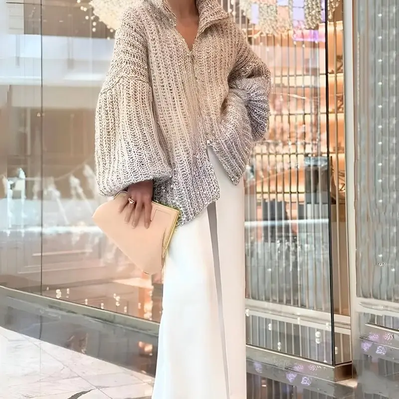 Damen Glitzer Pullover | Grobstrick mit Reißverschluss & lockerer Passform für Herbst und Winter