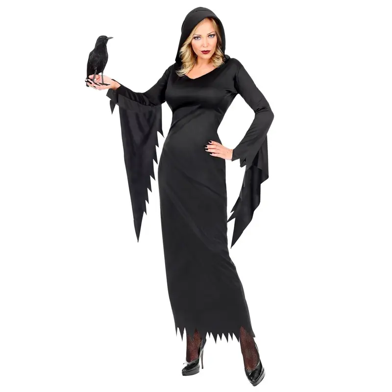 Damen Halloween Kleid Schwarz | Gothic Queen Kostümkleid für Halloween, Horrorparty und düstere Mottopartys