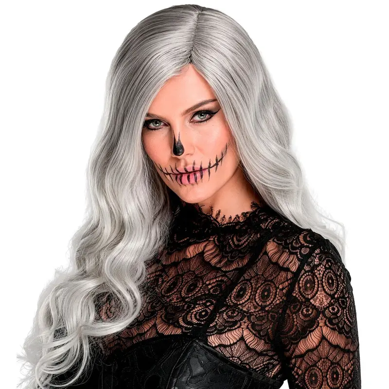 Damen Halloween Perücke Grau | Lange gewellte Geister Perücke mit Mittelscheitel für Horror Kostüm, Karneval und Mottoparty