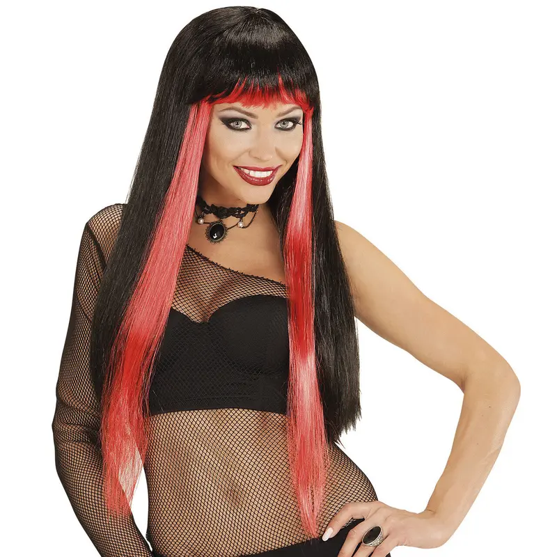Damen Halloween Perücke Schwarz Rot | Lange Gothic Perücke mit geradem Pony und roten Strähnen für Vampir, Hexe und Mottoparty