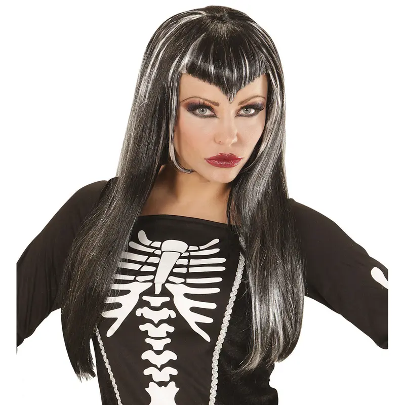 Damen Halloween Perücke Schwarz Weiß | Lange Skelett Perücke mit geradem Pony und weißen Strähnen für Halloween und Mottoparty