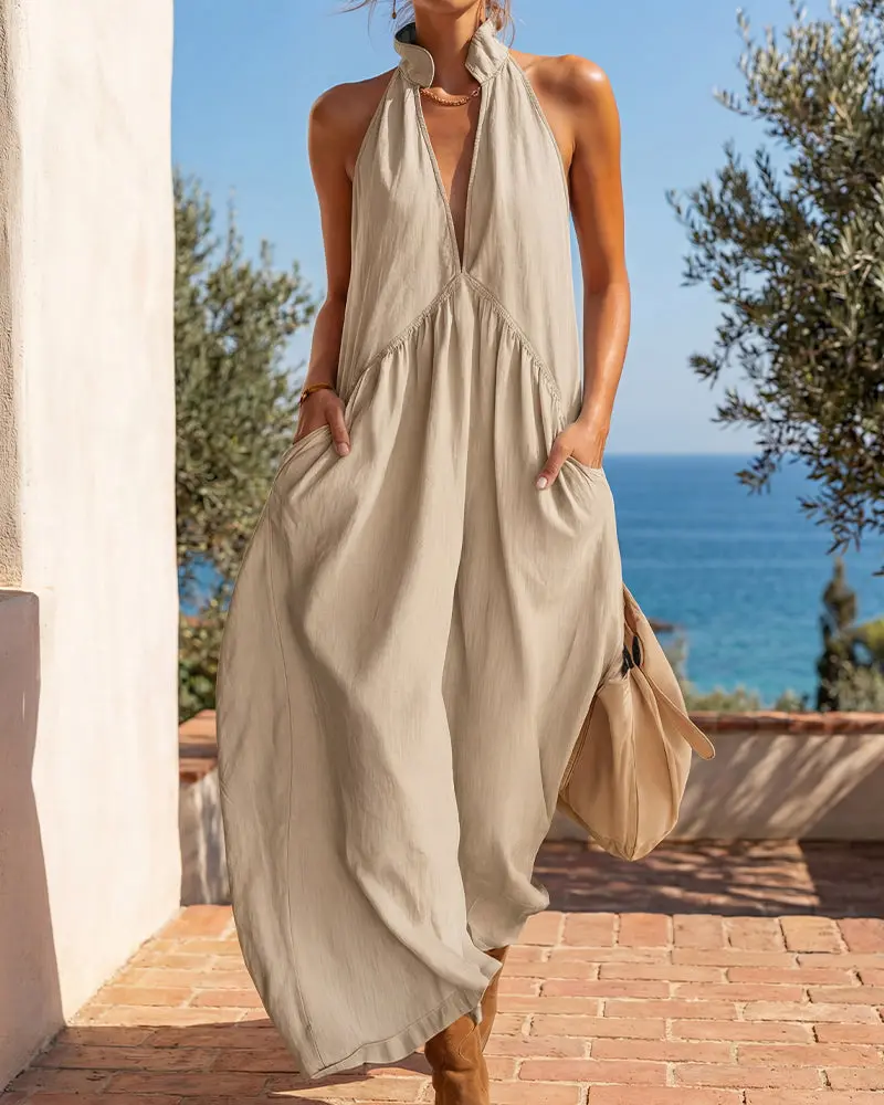 Damen Halterneck Maxikleid mit Taschen | Fließendes Sommerkleid in A-Linie | Luftig & Figurschmeichelnd