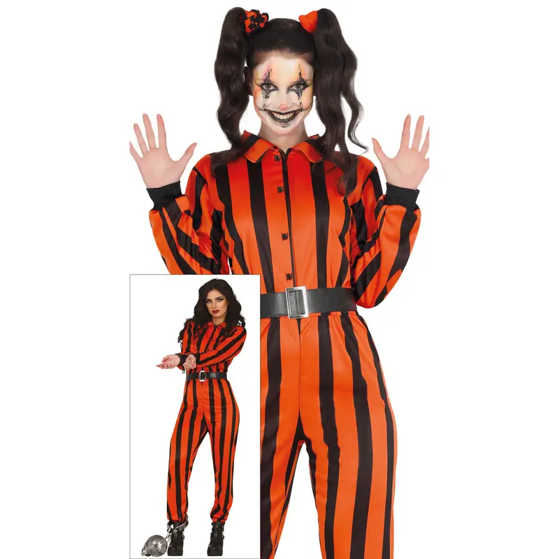 Damen Harlekin Gefangenen Kostüm Orange Schwarz | Halloween Jumpsuit mit Gürtel für Horrorparty, Karneval und Mottoparty