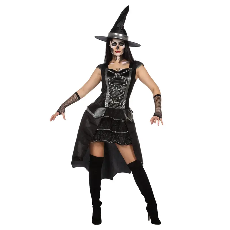 Damen Hexenkostüm Schwarz | 2-teiliges Halloween Kostüm mit Satin-Look Kleid und Hexenhut für Karneval und Mottoparty