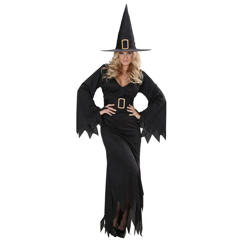 Damen Hexenkostüm Schwarz | Halloween Kostüm mit Hexenkleid, Gürtel und spitzem Hexenhut für Karneval und Mottoparty