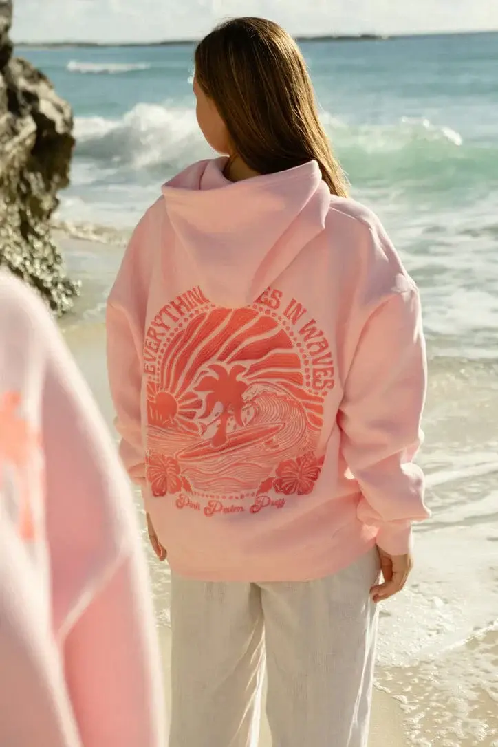 Damen Hoodie mit Sonnenuntergang-Stickerei | Weich & warm im Oversize-Look | Wellen-Design hinten, maschinenwaschbar