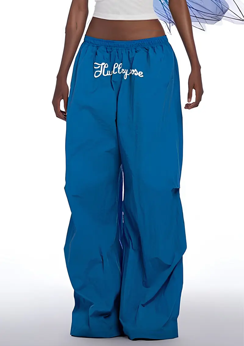 Damen Hose mit weitem Bein und blauem Print | Elastische Baumwollmix-Hose für Frühling | Bequeme Passform