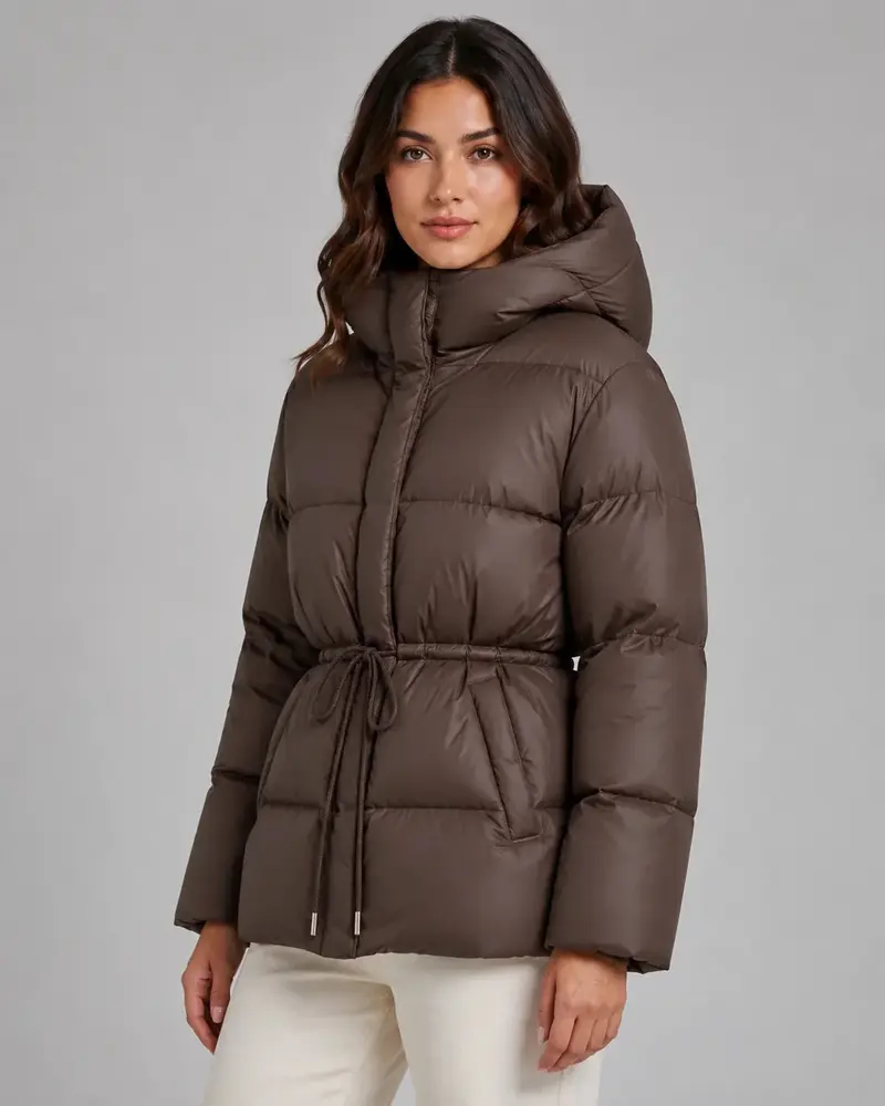 Damen Jacke mit Taillenzug und Kapuze | Hüftlange Jacke mit verdecktem Reißverschluss und figurbetonter Passform für Alltag