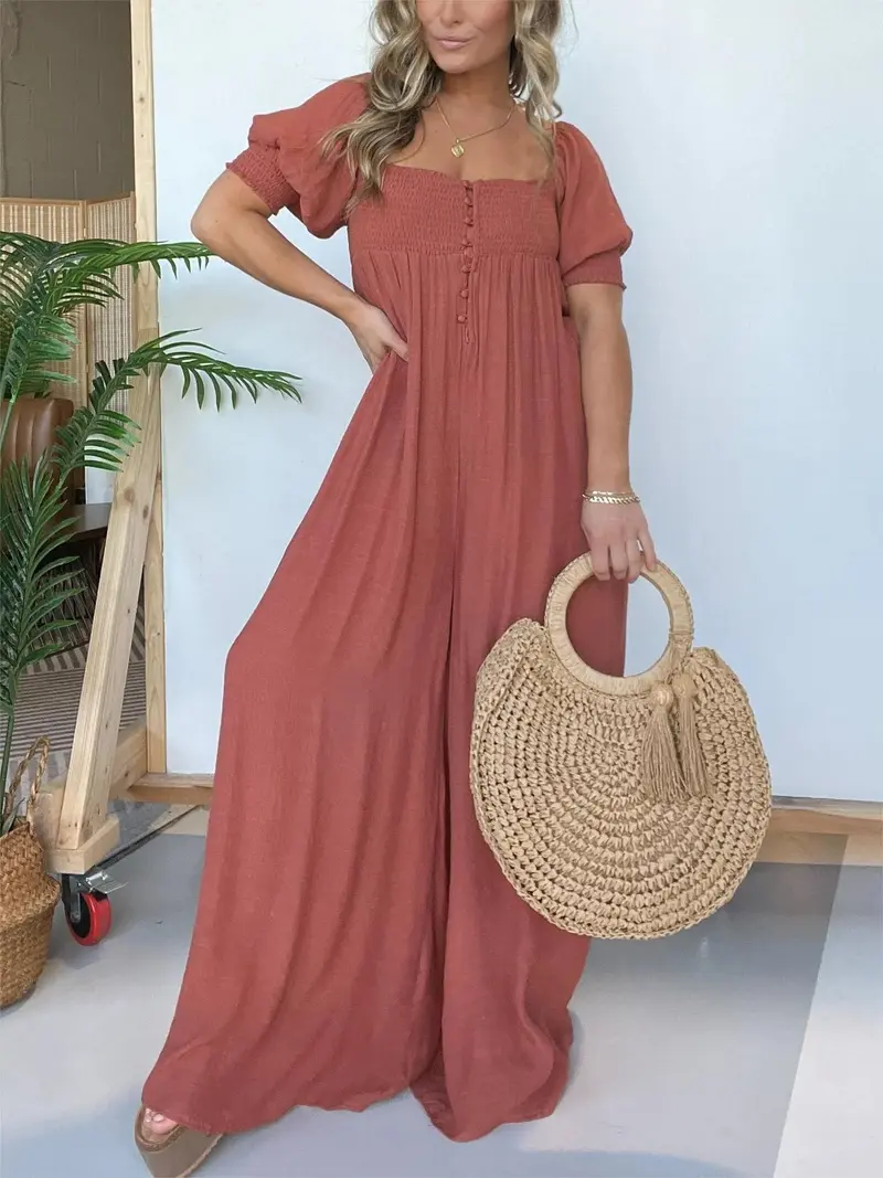 Damen Jumpsuit mit quadratischem Ausschnitt | gesmocktes Oberteil & Taschen | locker-lässig, Coco-Muster | ideal für Sommer & Urlaub