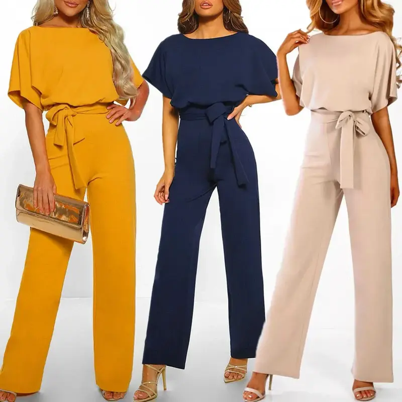 Damen Jumpsuit mit weitem Bein & taillierter Passform | Kurzärmlig mit ausgestelltem Ärmel | Elegant & bequem für Sommer-Events | S–3XL