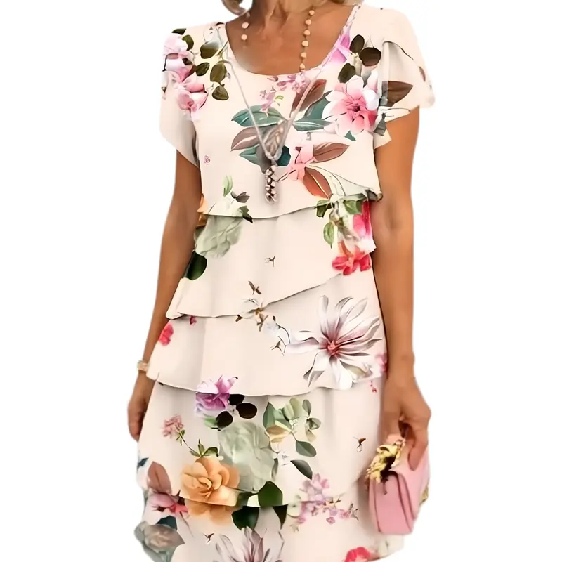 Damen Kaskaden-Blumenkleid | Romantisch & Leicht | Oberschenkellang mit Elastikbund