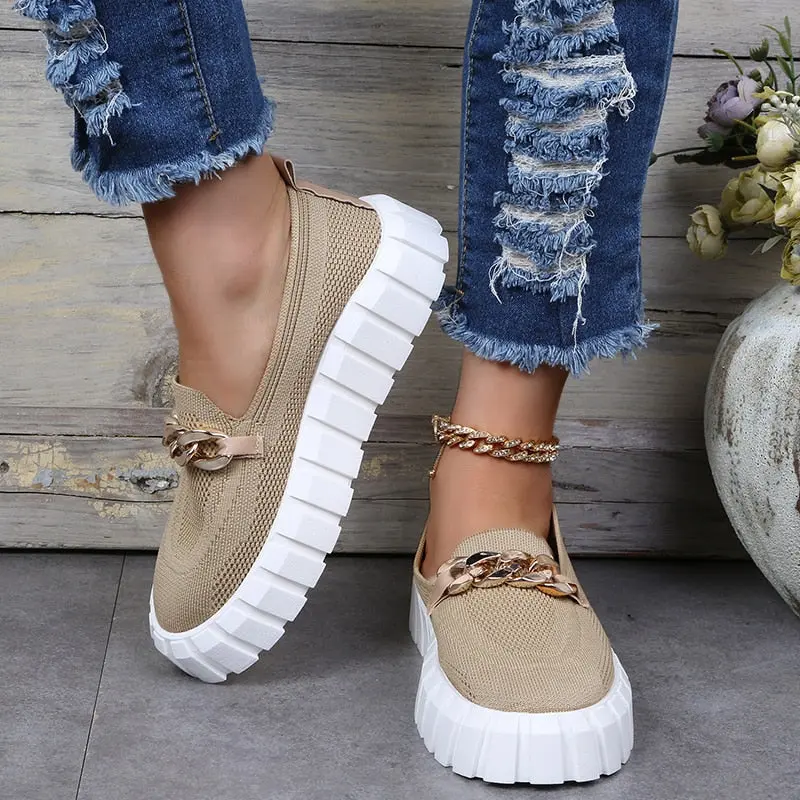 Damen Ketten-Sneaker mit Plateau | Bequeme Loafer-Sneaker für Sommer & Alltag | Trendige Freizeitschuhe
