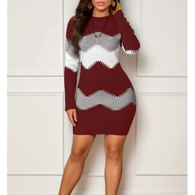 Damen Kleid kurz mit Zickzackmuster | Figurbetonter Schnitt mit Kontrastdesign und langen Ärmeln für Party und Abendlooks