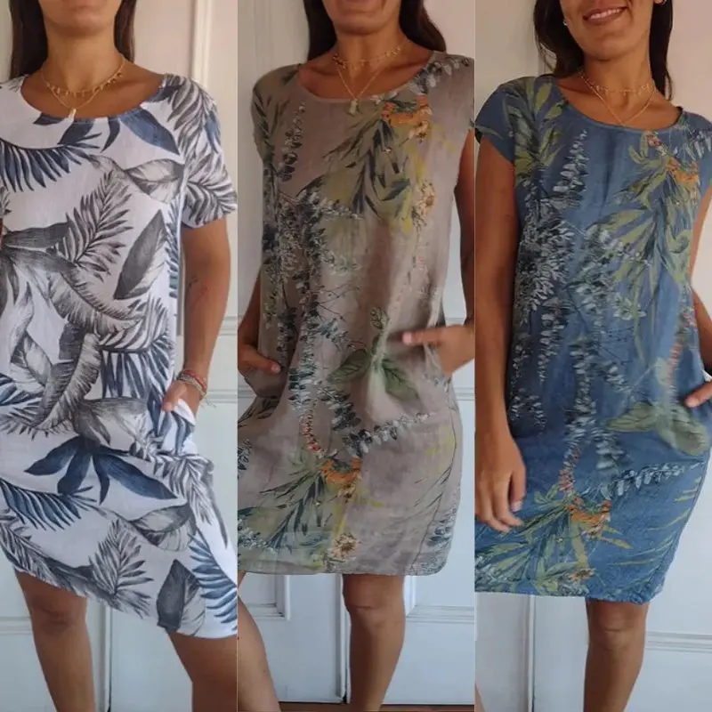 Damen Kleid mit botanischem Print & Rundhalsausschnitt | Kurze Ärmel, schmeichelhafte Passform | Leicht & vielseitig, M–2XL
