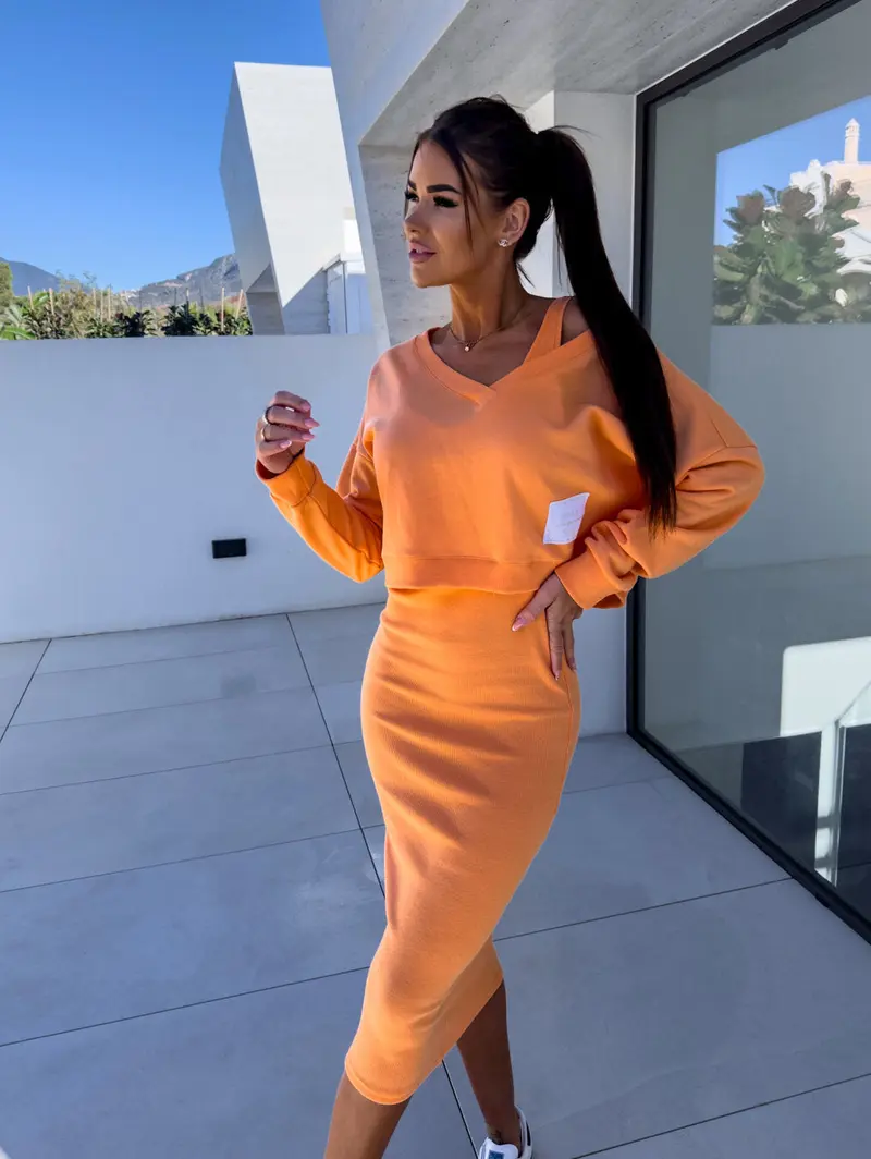 Damen Kleid-Set mit Sweatshirt | Figurbetontes Kleid & lässiges Oberteil | Eleganter Lagenlook für Alltag & Anlass