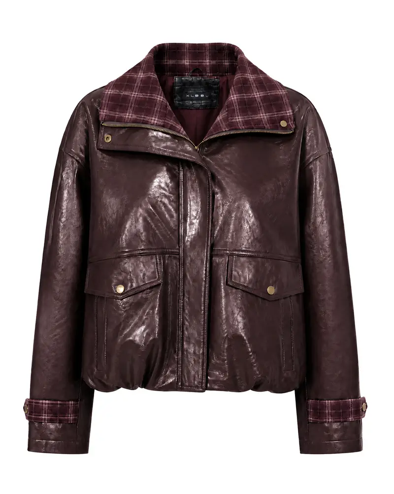 Damen Kunstlederjacke | Lässige Jacke mit Karokragen, Reißverschluss und Pattentaschen