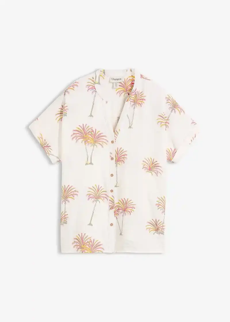 Damen Kurzarmbluse mit Palmen-Print | Leichte Bluse mit Hemdkragen & Knopfleiste | Sommerbluse für Freizeit & Urlaub