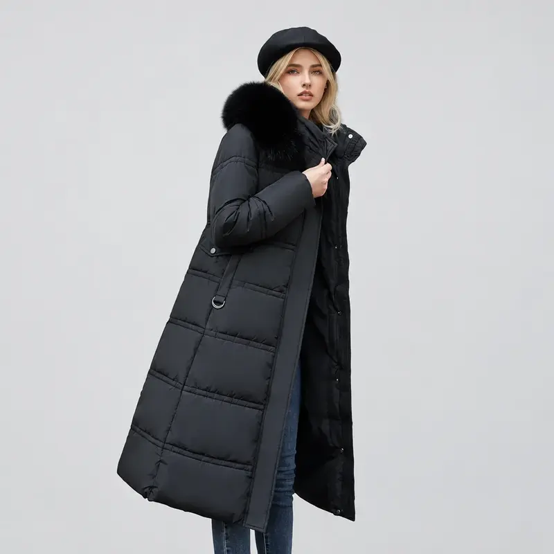 Damen lange Winterjacke mit Gürtel | Wintermantel mit Kapuze und Fellbesatz für feminine Winterlooks und kalte Tage