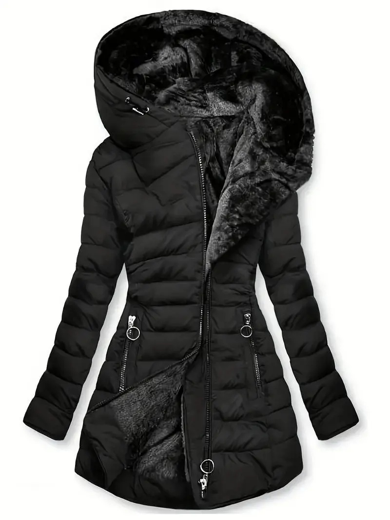 Damen lange Winterjacke mit weichem Innenfutter | Warm gefütterte Jacke mit Kapuze, taillierter Passform und Reißverschlusstaschen