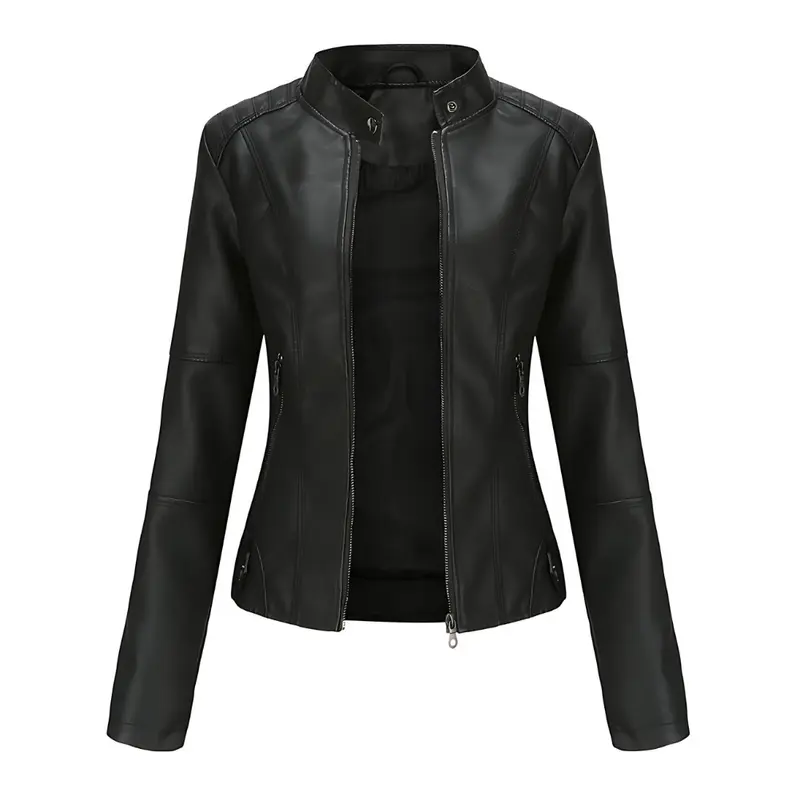 Damen Lederjacke | Taillierte Übergangsjacke mit Reißverschluss, Druckknopfkragen und praktischen Taschen