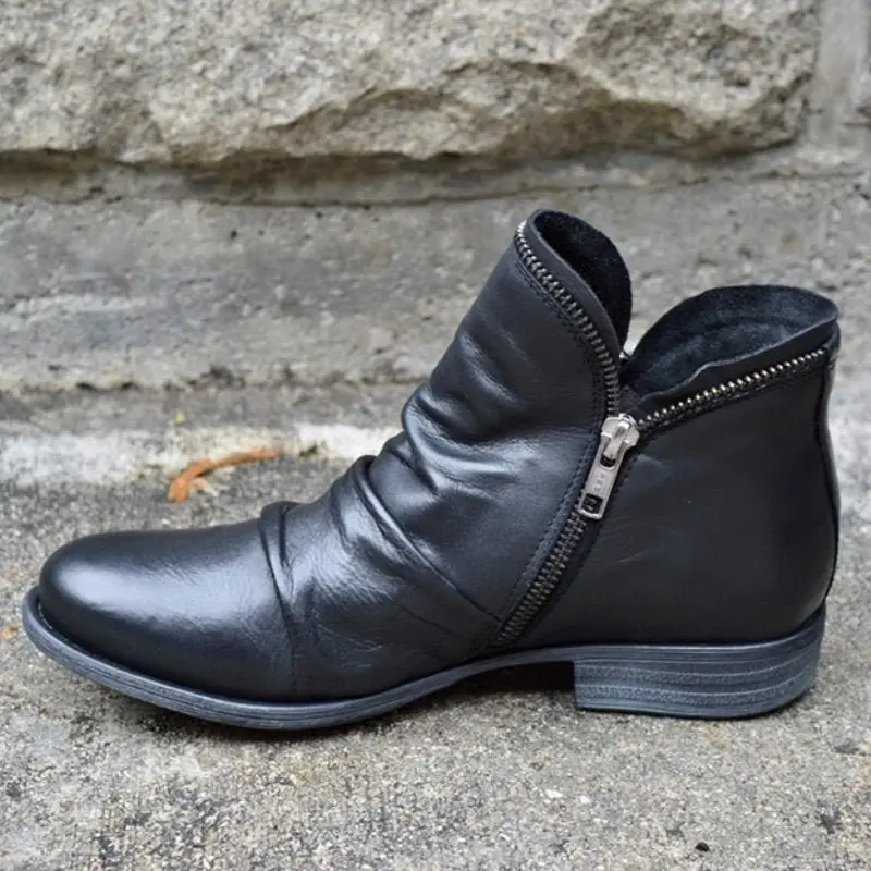 Damen Lederstiefel mit Reißverschluss | Rutschfeste Stiefel mit gepolsterter Sohle | Elegante Schuhe für Herbst & Winter