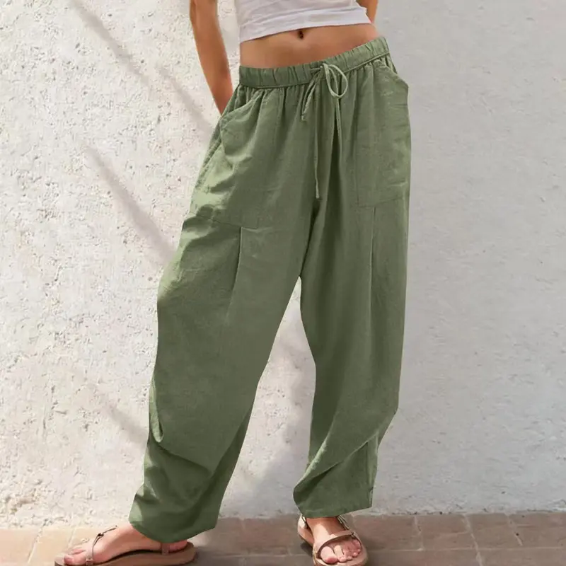 Damen Leinenhose mit Kordelzug aus Baumwoll-Leinen | Gerade Loungehose mit Taschen | Lockere Sommerhose für Alltag & Freizeit