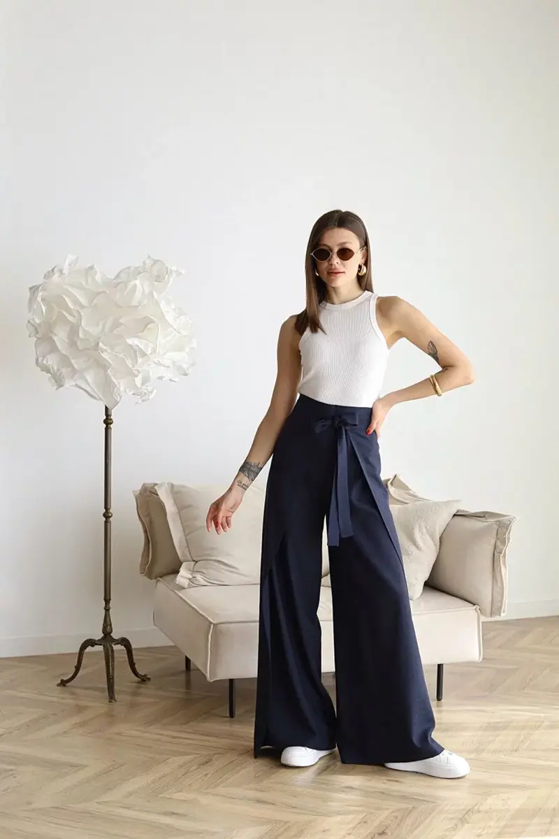 Damen Leinenhose | Weites Bein & Wickeldesign | Hoher Bund, komfortabel & elegant für Alltag & besondere Anlässe