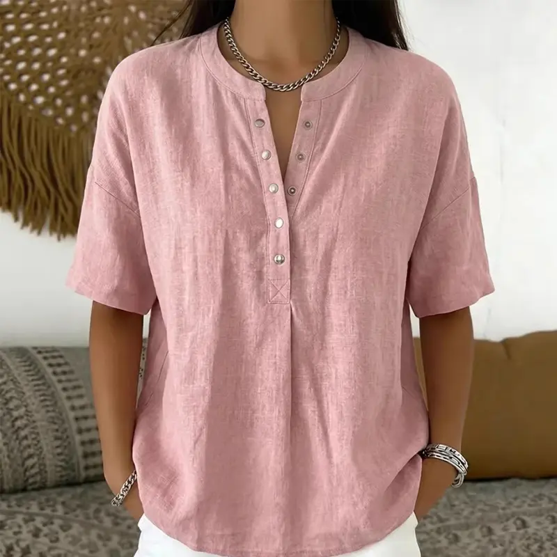 Damen Leinenpullover aus Baumwoll-Leinen-Mix | Lockeres Langarmshirt mit Knopfausschnitt | Leicht & Atmungsaktiv