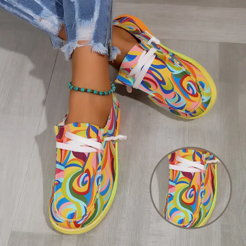 Damen Leinwand-Sneaker mit Ethno-Regenbogen-Print | Leicht & atmungsaktiv | Bequemes Futter, guter Halt, ideal für Outdoor & Alltag