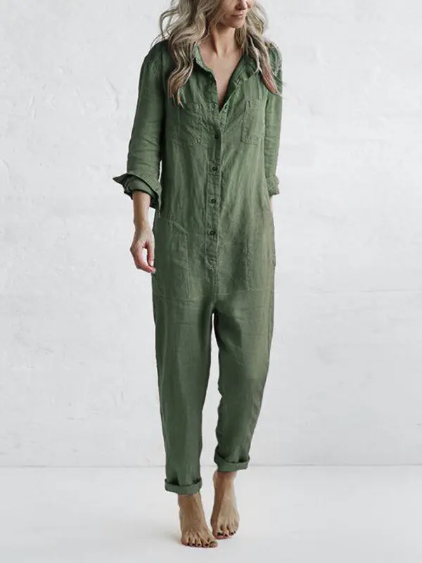 Damen Lounge-Jumpsuit aus weicher Baumwolle | Lockerer Schnitt mit Knöpfen | Atmungsaktiv, leicht elastisch, Grünton
