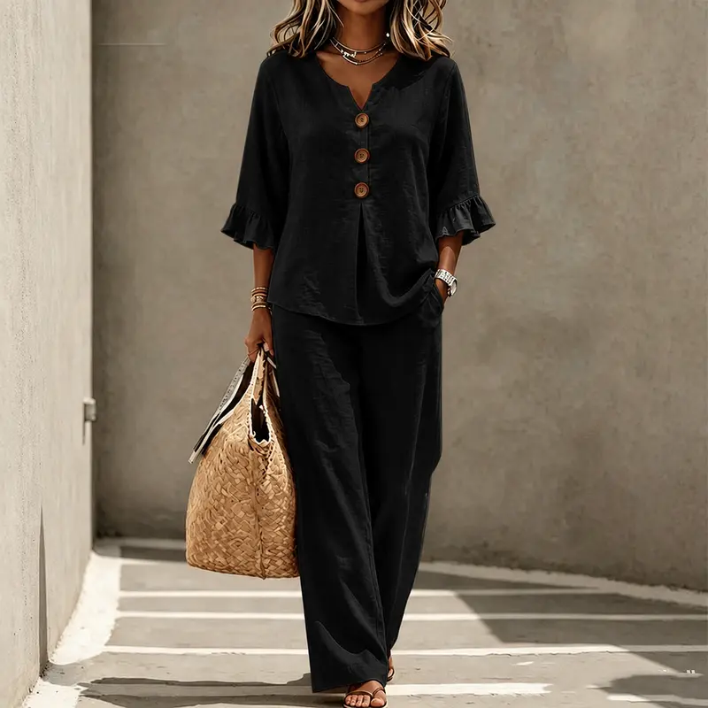 Damen Loungeset aus Baumwollmischung | Zweiteiliges Set mit Rüschenärmeln & weiter Hose | Bequemes Freizeit-Outfit