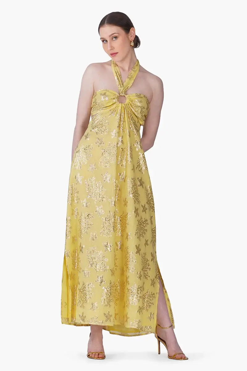 Damen Lurex Maxi-Kleid mit Neckholder | Fließendes Sommerkleid aus Baumwolle | Empire-Taille | Maritimer Lookendes Sommerkleid aus Baumwolle | Empire-Taille | Maritimer Look