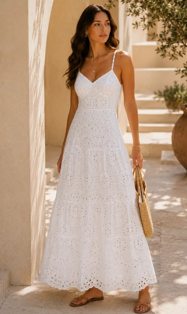 Damen Maxi-Kleid mit Lochstickerei | Sommerkleid mit V-Ausschnitt & Spaghettiträgern | Luftiges Freizeitkleid