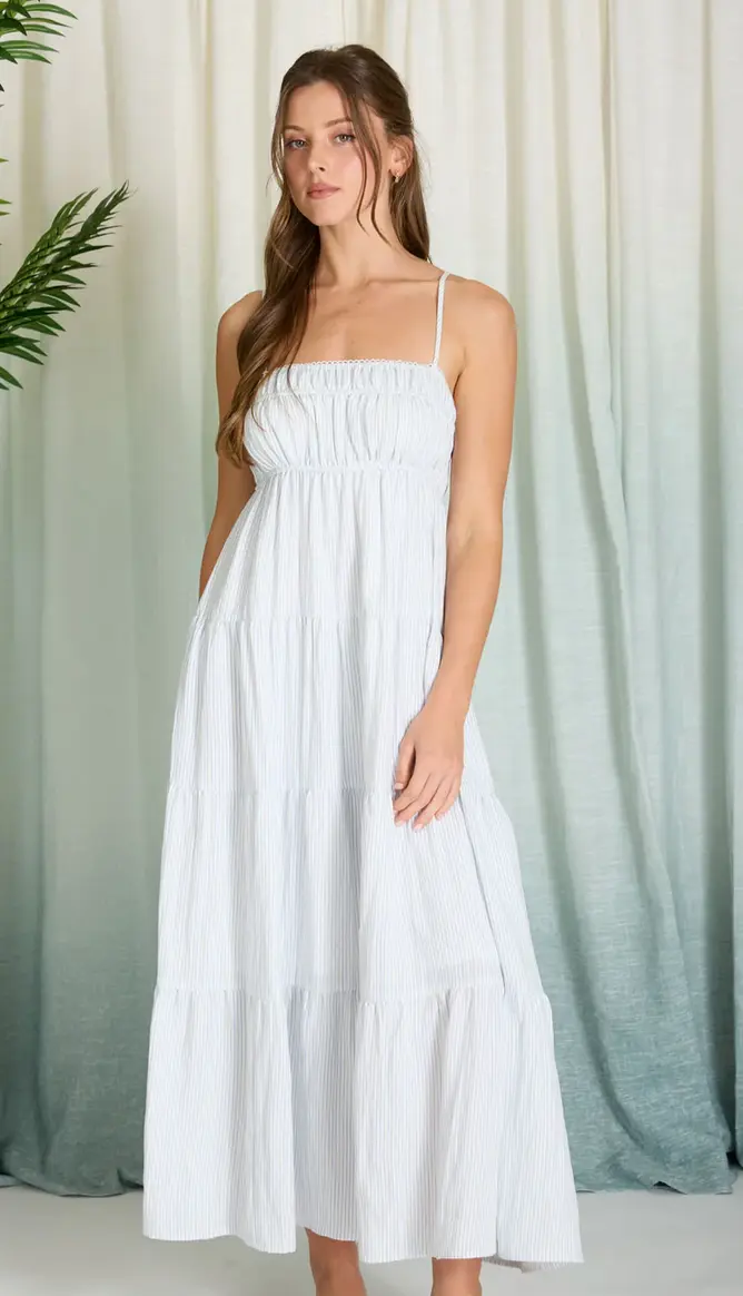 Damen Maxi-Kleid mit Smok-Oberteil | Sommerkleid mit Spaghettiträgern & Stufenrock | Luftiges Freizeitkleid