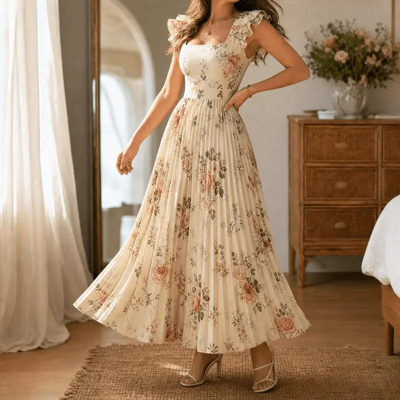 Damen Maxikleid floral plissiert | Quadratischer Ausschnitt & Rüschenärmel | Hohe Taille für schmeichelnde Silhouette