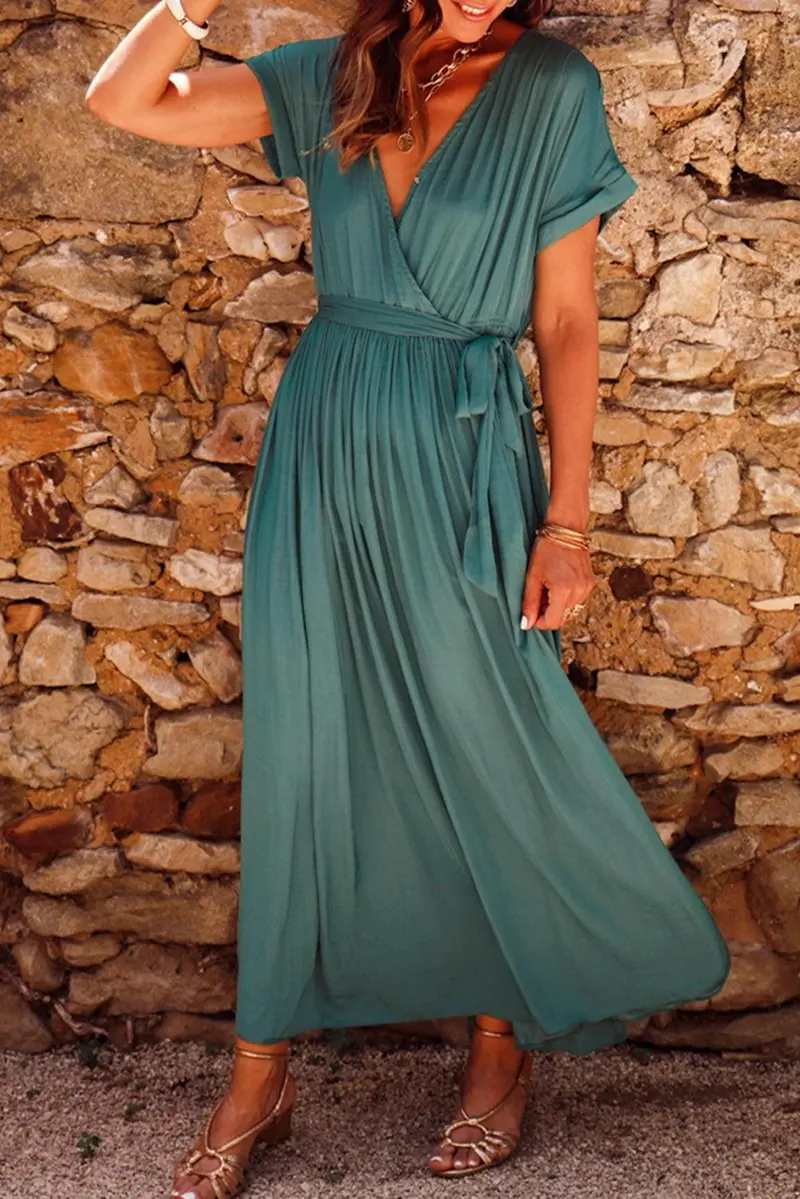 Damen Maxikleid mit Gürtel und V-Ausschnitt