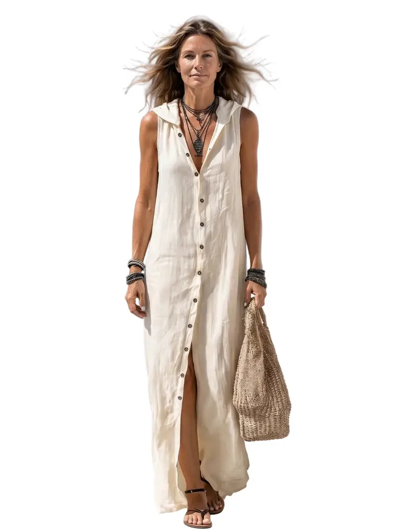 Damen Maxikleid mit Kapuze & Knopfleiste | Ärmelloses Freizeitkleid in Maxi-Länge | Luftiges Sommerkleid